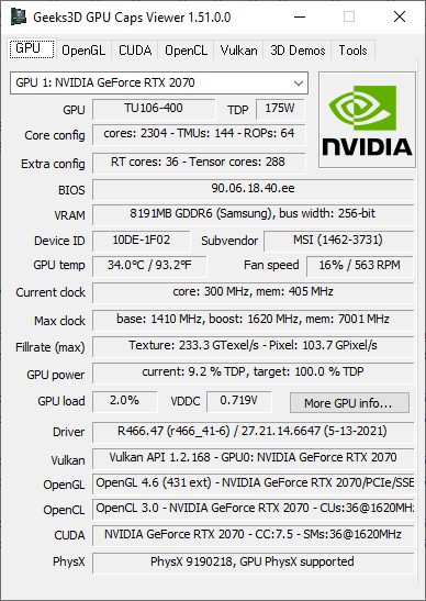 NVIDIA GeForce 466.47 + GPU Caps Viewer + GeForce RTX 2070