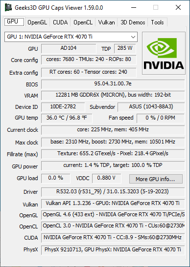 NVIDIA GeForce 532.03 + GPU Caps Viewer + GeForce RTX 4070 Ti