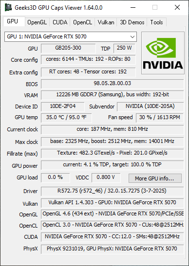GPU Caps Viewer 1.64 + GeForce RTX 5070