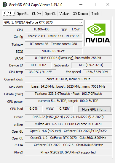 NVIDIA GeForce 452.22 + GPU Caps Viewer + GeForce RTX 2070