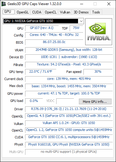 PNY GeForce GTX 1050 - GPU Caps Viewer