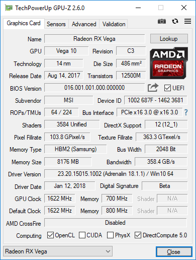 MSI Radeon RX Vega 56 AIR BOOST 8GB OC - GPU-Z