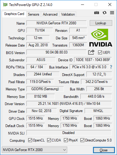 ASUS ROG Strix GeForce RTX 2080 OC Edition 8GB GDDR6 - GPU-Z