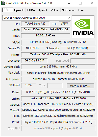 MSI GeForce RTX 2070 Ventus 8GB GDDR6 - GPU Caps Viewer