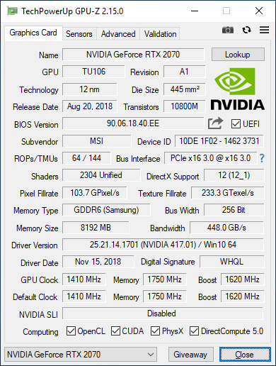 MSI GeForce RTX 2070 Ventus 8GB GDDR6 - GPU-Z