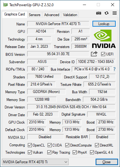 ASUS TUF GeForce RTX 4070 Ti OC 12GB - GPU-Z