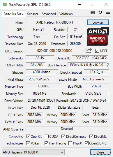ASUS TUF GAMING Radeon RX 6800 XT OC 16GB - GPU-Z